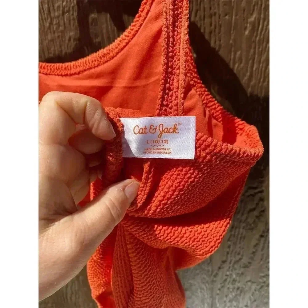 Cat & Jack Girls' Orange One-Piece Swimsuit Size L 10/12 Textured Pucker Design